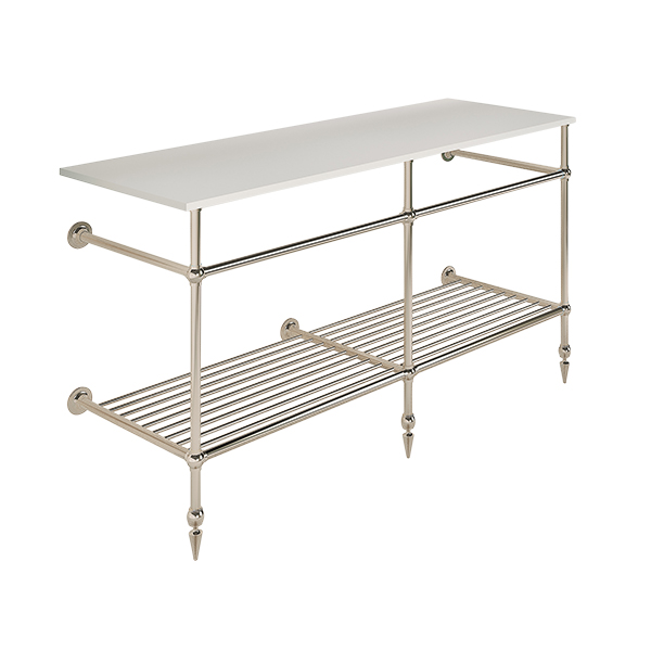 Traditional 3 leg double basin stand for benchtop. Pointed feet & shelf. W1500 x D540 x H880