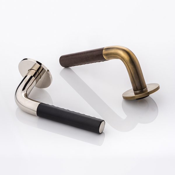 Darton solid brass door lever handle with hand stitched leather & round rose
