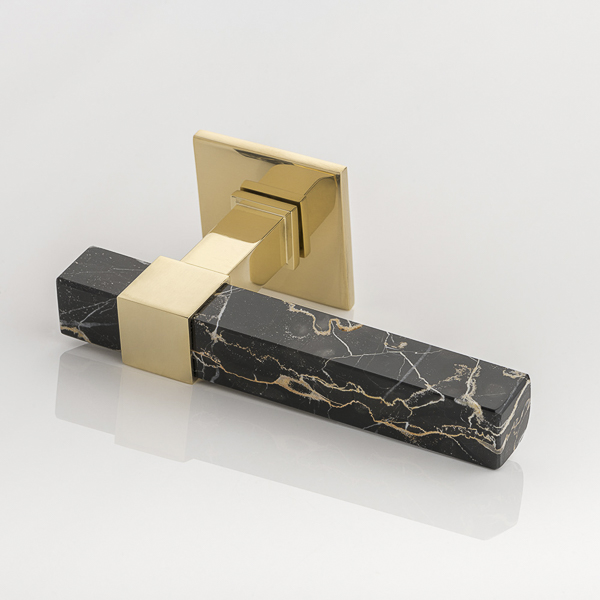 Collett solid brass & marble door lever handle with square rose