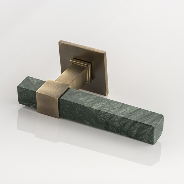 Collett solid brass & marble door lever handle with square rose