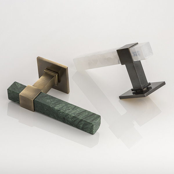 Collett solid brass & marble door lever handle with square rose