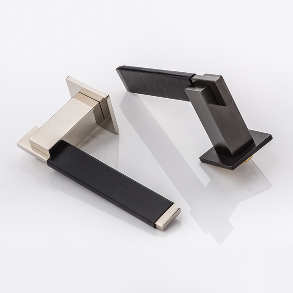 Holmes solid brass door lever handle with hand stitched leather & square rose