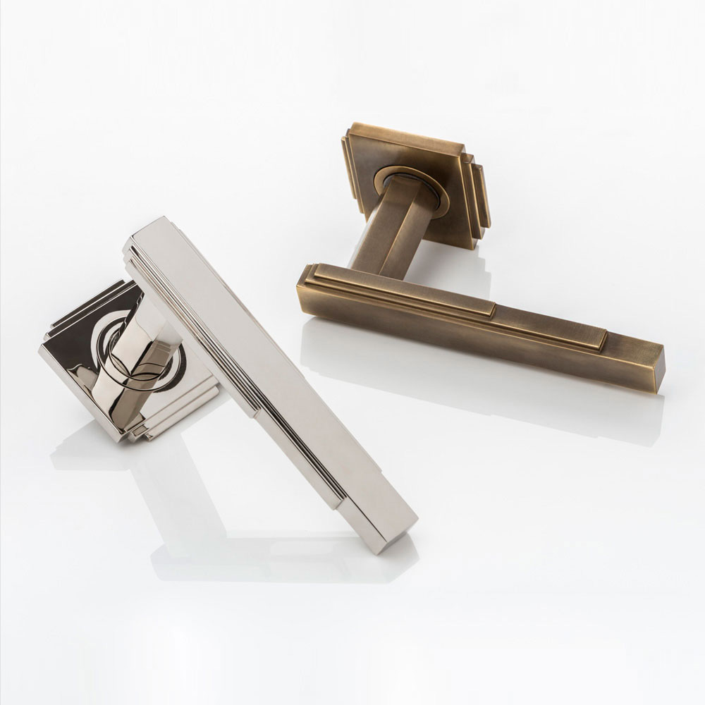 Abbott solid brass door lever handle with square edge deco rose