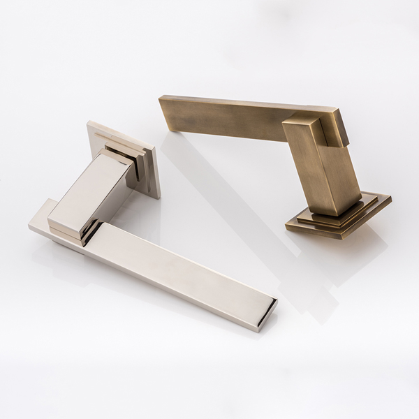 Holmes II solid brass door lever handle with square stepped rose