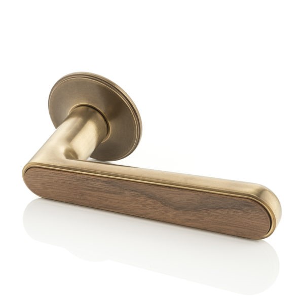 Halsey III solid brass door lever handle with traditional rose & timber detail