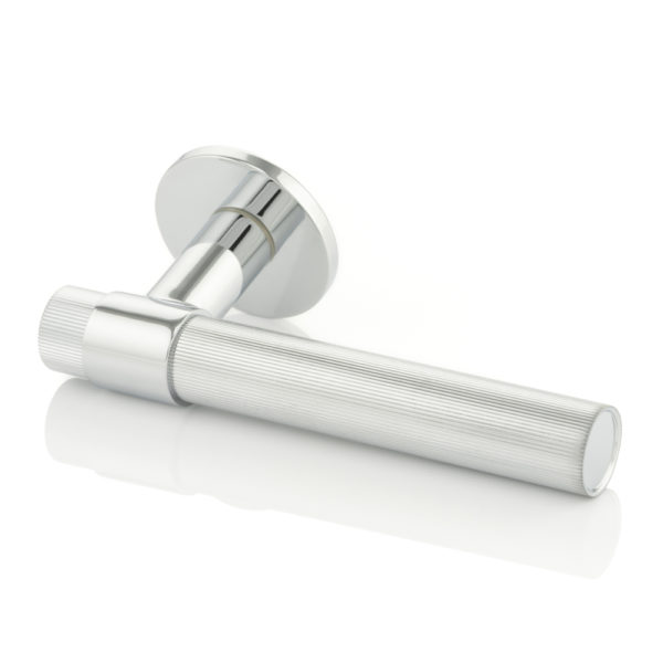 Montgomery solid brass door lever handle with linear knurl & round rose