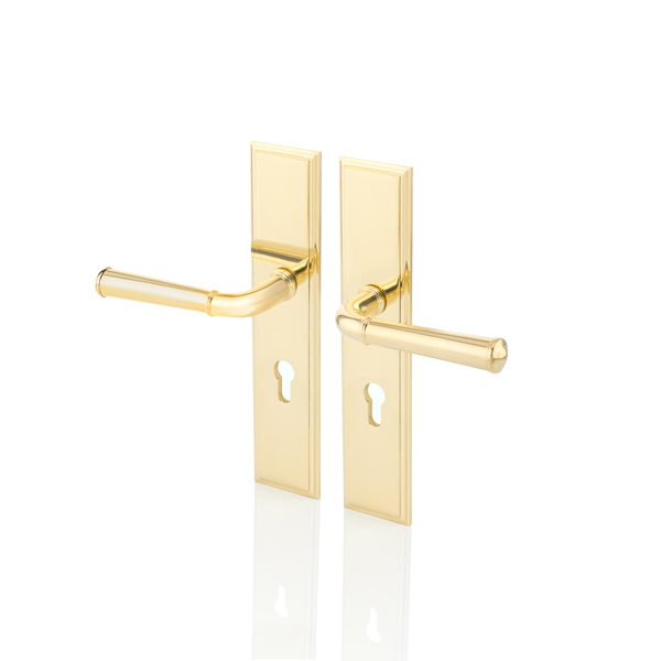 Darlington solid brass door lever handle with euro cut out backplate