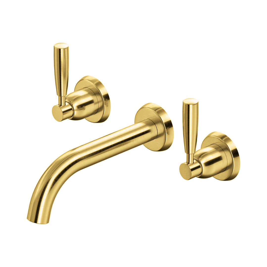 Langbourn wall-mounted basin mixer with modern spout & metal lever taps