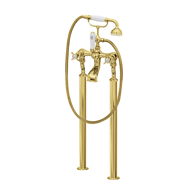 Bath filler on floorlegs with handshower in cradle & crosshead taps