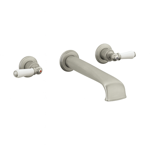 Wall-mounted basin mixer with low spout & white porcelain lever taps