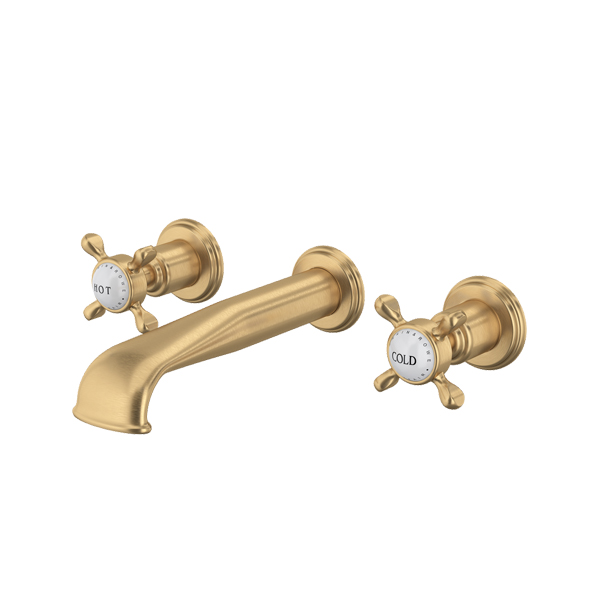 Wall-mounted basin mixer with low spout & crosshead taps