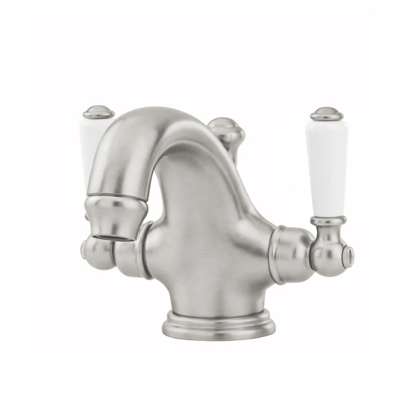 Monobloc basin mixer with white porcelain lever taps
