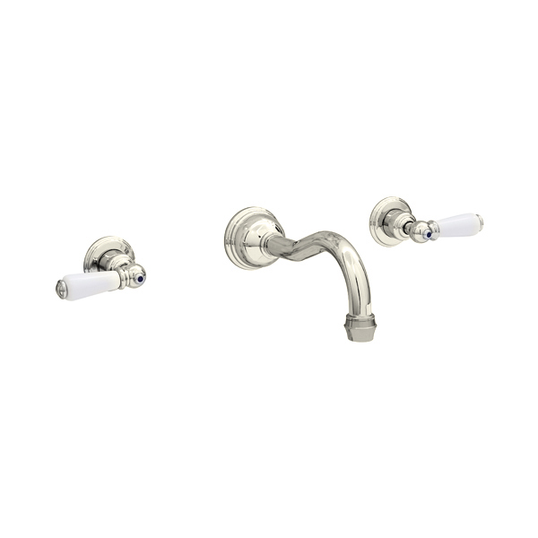 Wall-mounted basin mixer with country spout & white porcelain lever taps
