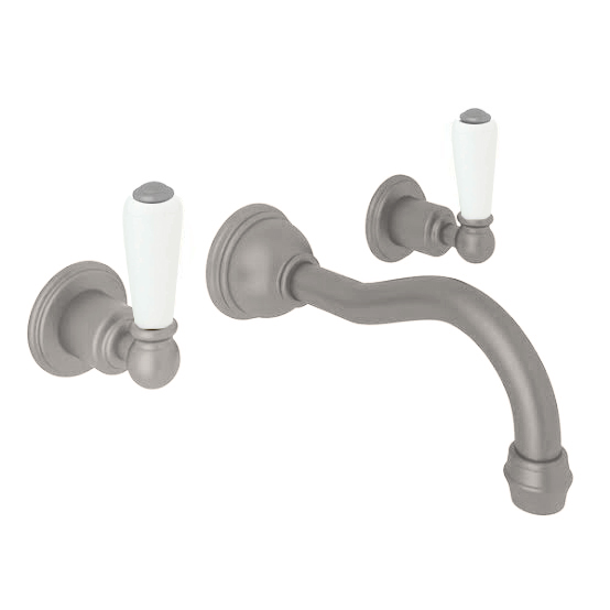 Wall-mounted basin mixer with country spout & white porcelain lever taps