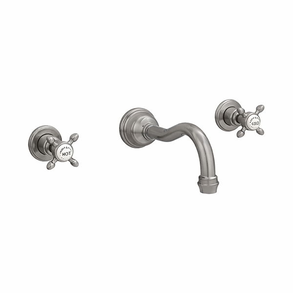 Wall-mounted basin mixer with country spout & crosshead taps