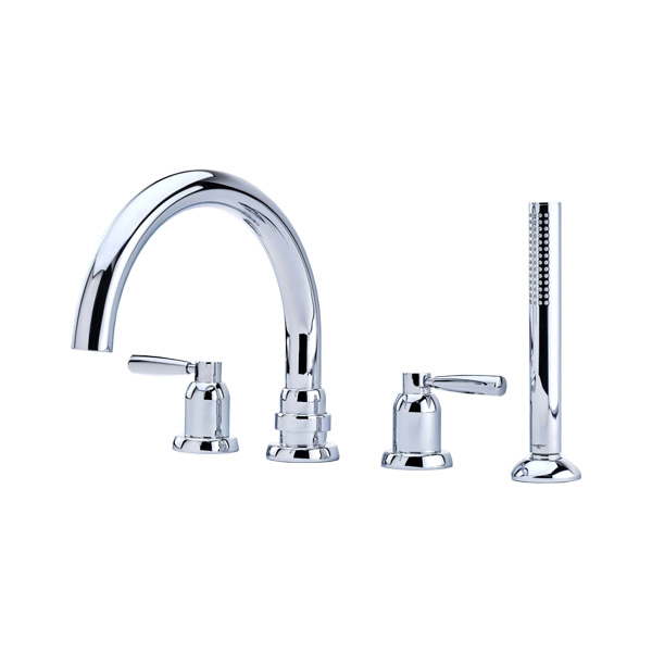 Langbourn 4 hole bath mixer with 225mm high spout, handshower & lever taps
