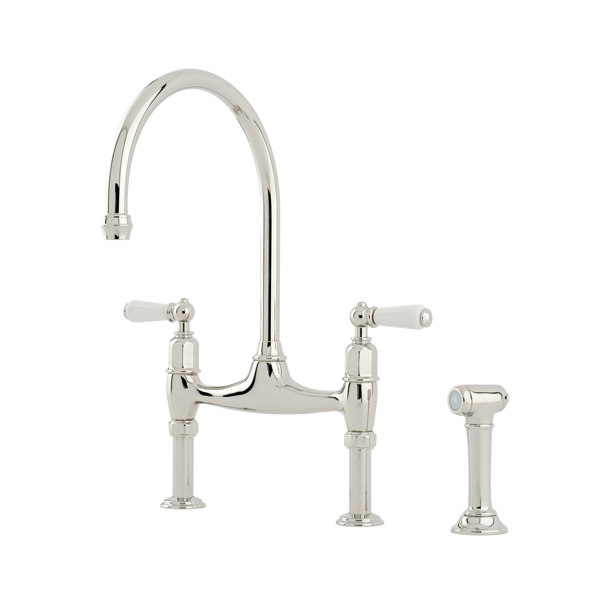 Ionian 2 hole bench mounted sink mixer with straight legs, porcelain lever taps & spray rinse