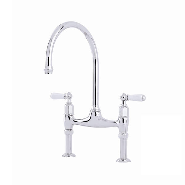Ionian 2 hole bench mounted sink mixer with straight legs & white porcelain lever taps