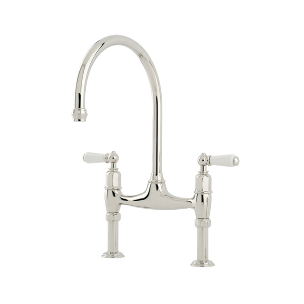 Ionian 2 hole bench mounted sink mixer with straight legs & white porcelain lever taps