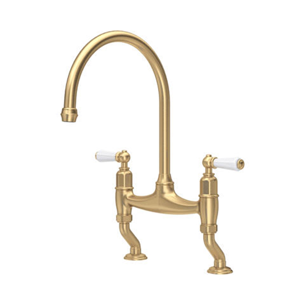 Ionian 2 hole bench mounted sink mixer with offset legs & white porcelain lever taps