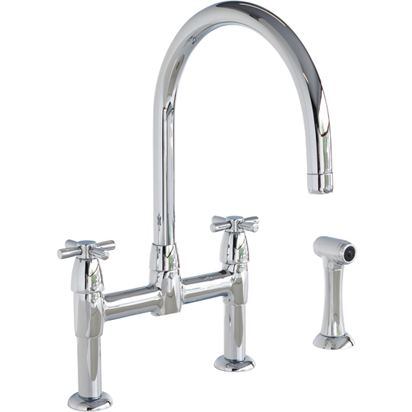 Io 2 hole bench mounted sink mixer with round spout, crosshead taps & spray rinse