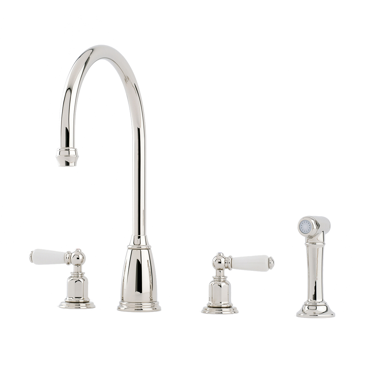 Athenian 4 hole sink mixer with porcelain lever taps & spray rinse