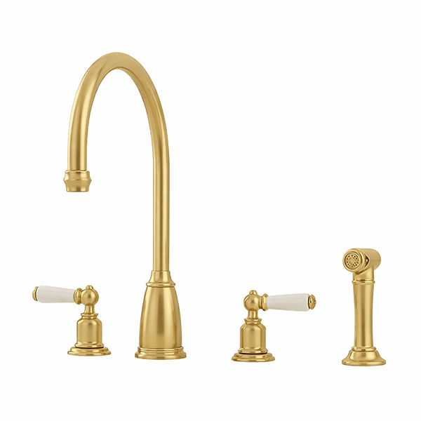 Athenian 4 hole sink mixer with porcelain lever taps & spray rinse