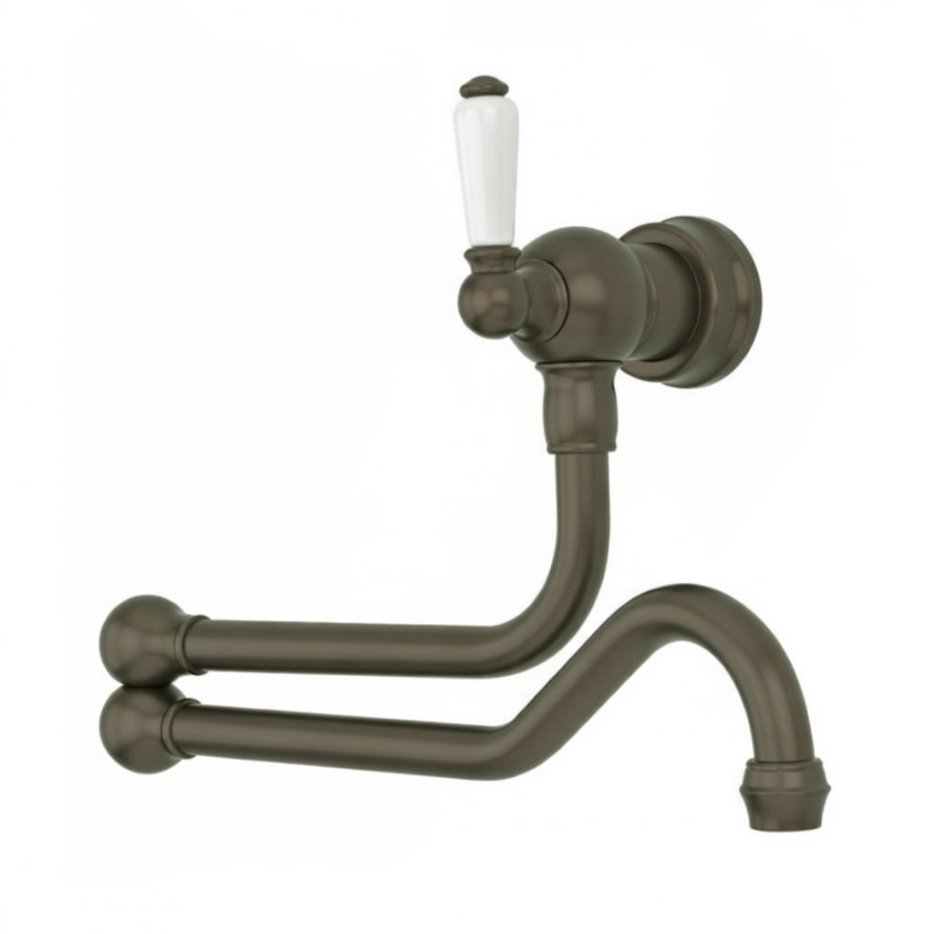 Wall-mounted pot filler tap with traditional porcelain lever handle