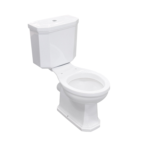 Close-coupled toilet including cistern and pan.