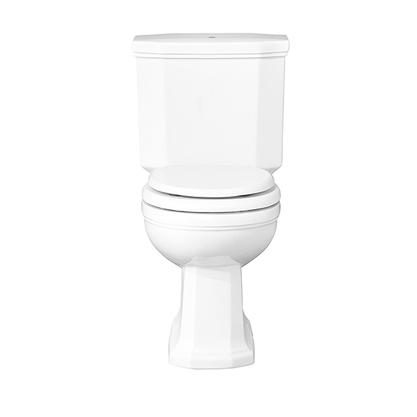 Close-coupled toilet including cistern and pan.