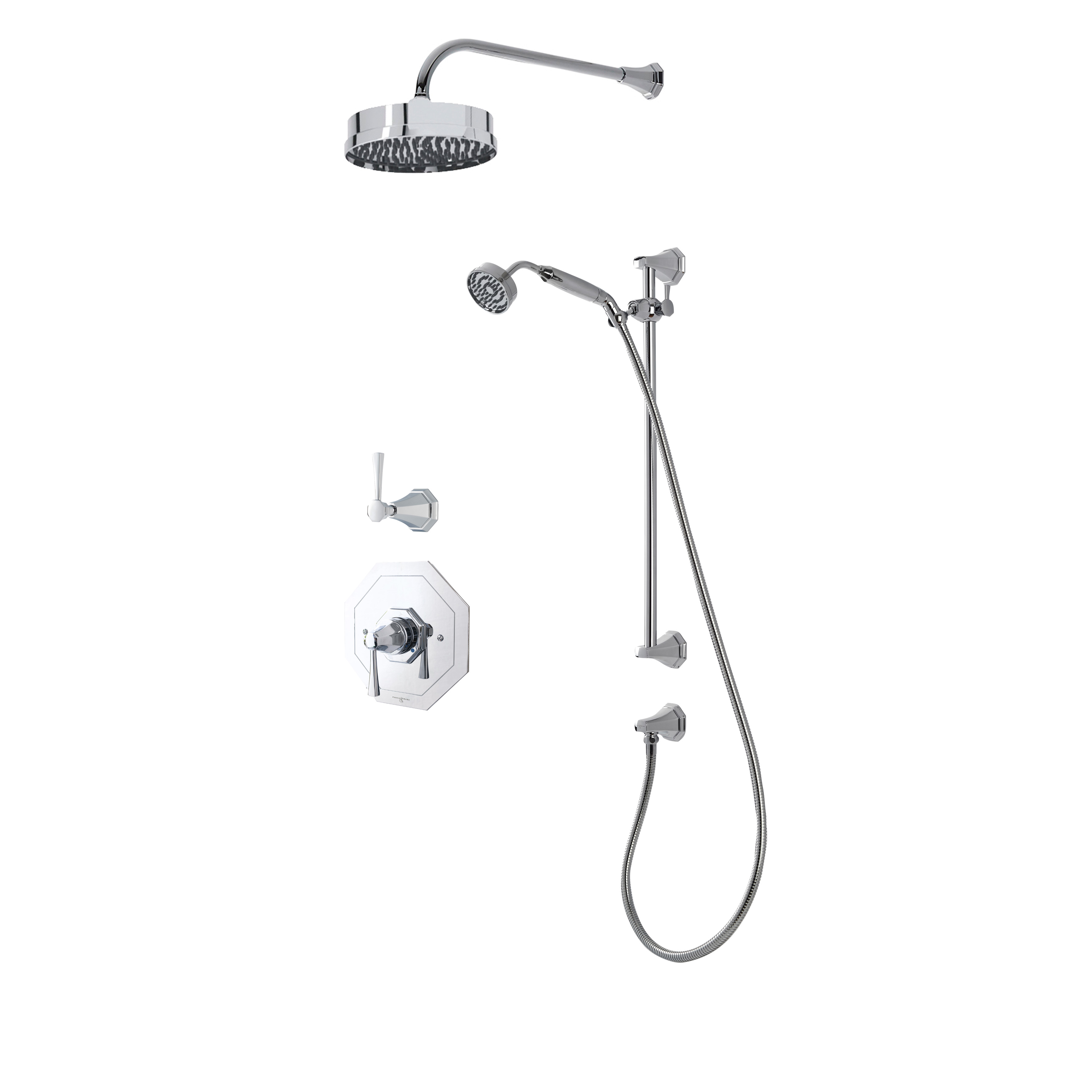 Deco shower layout - wall arm, rose, handshower on rail & mixer