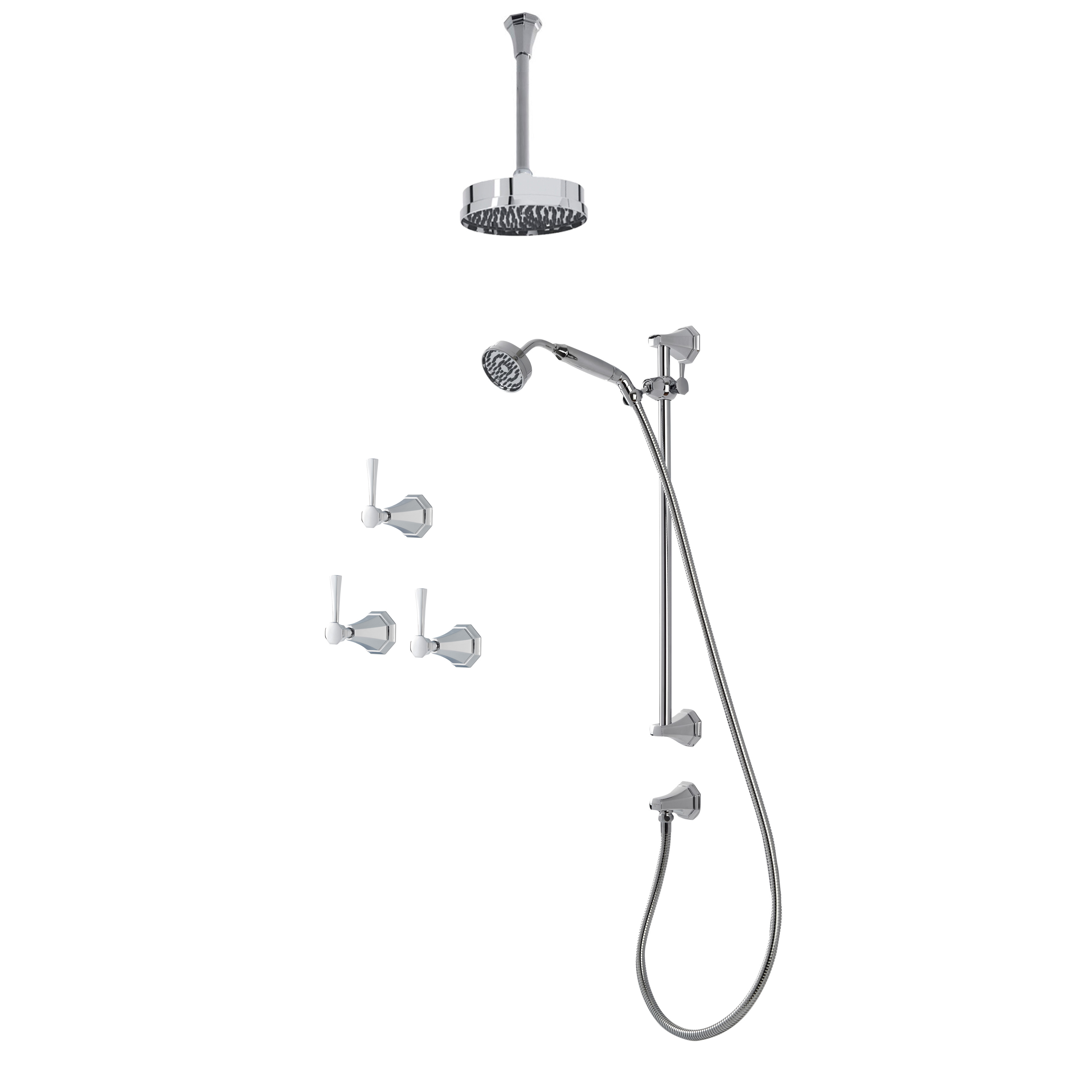 Deco shower layout - ceiling arm, rose, handshower on rail & levers