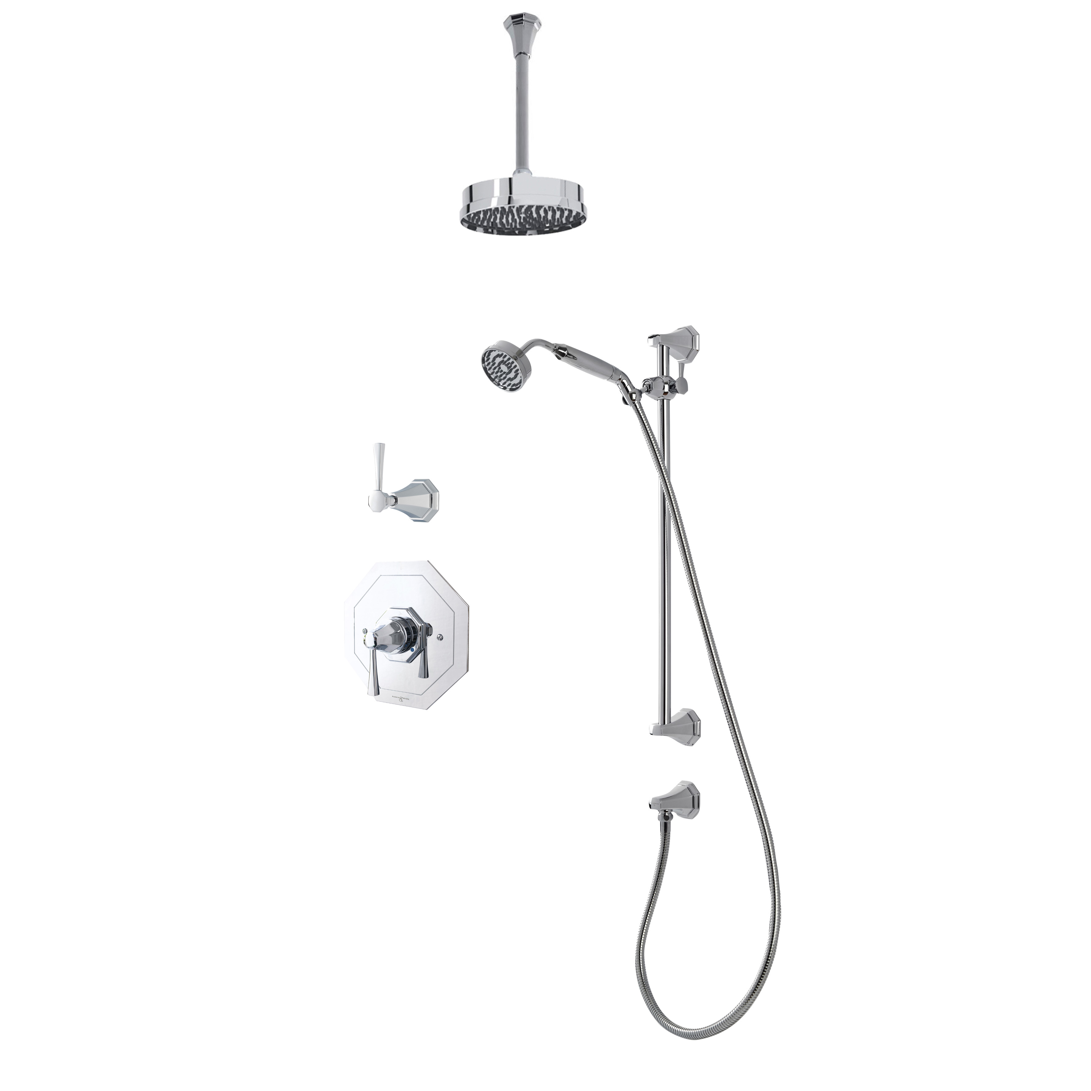 Deco shower layout - ceiling arm, rose, handshower on rail & mixer