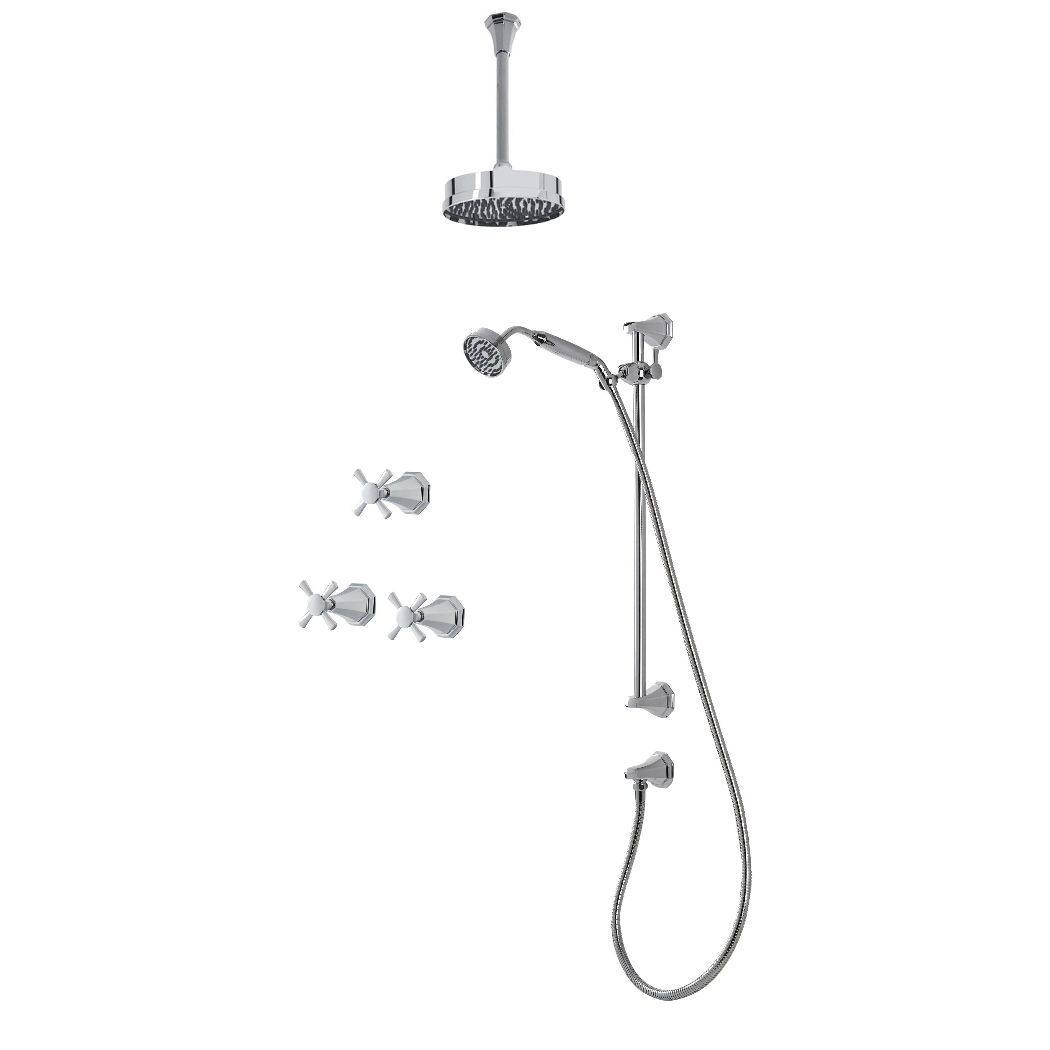 Deco shower layout - ceiling arm, rose, handshower on rail & xheads