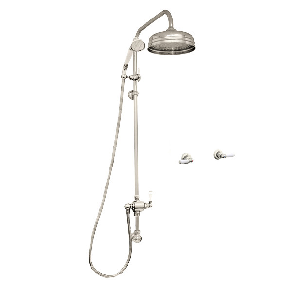Traditional shower layout - exposed pipe, rose, handshower & levers