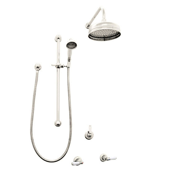 Traditional shower layout - wall arm, rose, handshower on rail & levers