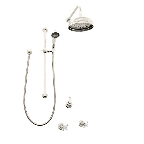Traditional shower layout - wall arm, rose, handshower on rail & xheads