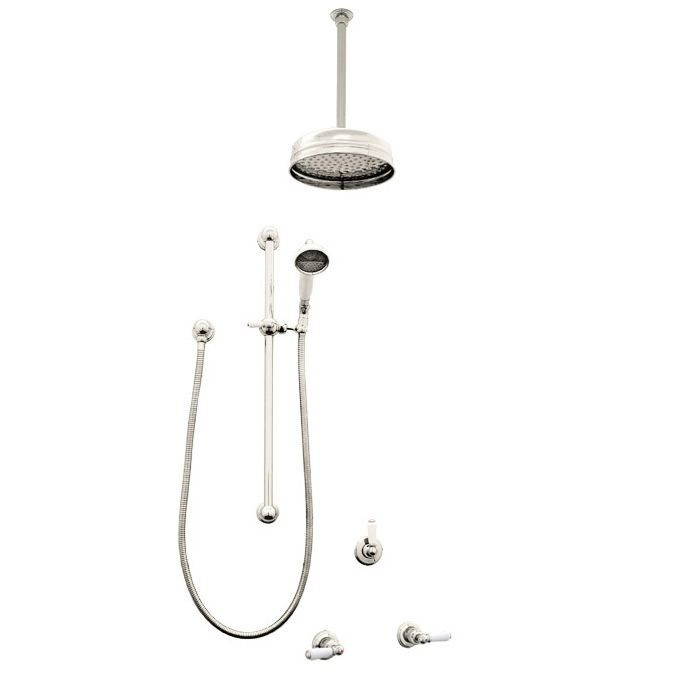 Traditional shower layout - ceiling arm, rose, handshower on rail & levers