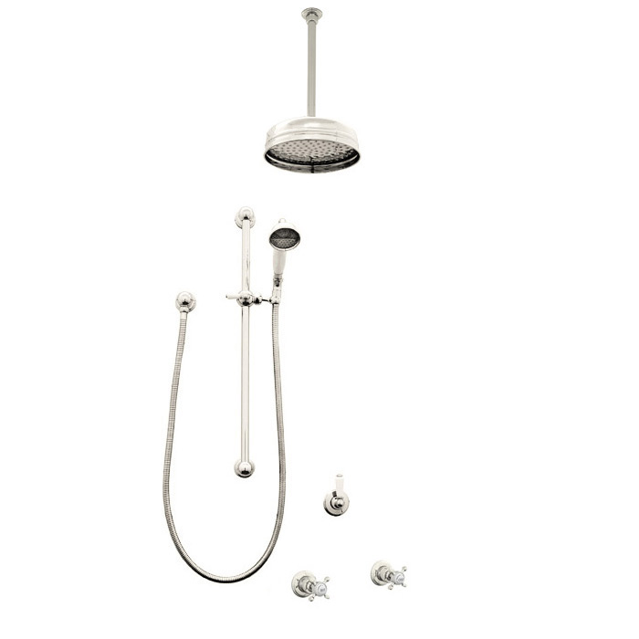 Traditional shower layout - ceiling arm, rose, handshower on rail & xheads