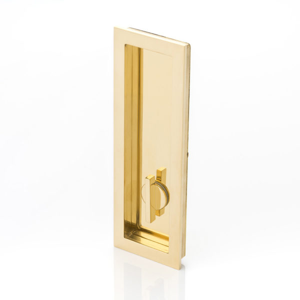 Rectangular solid brass recessed pull with privacy turn/release