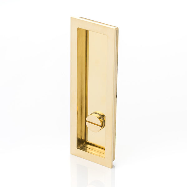 Rectangular solid brass recessed pull with privacy turn/release