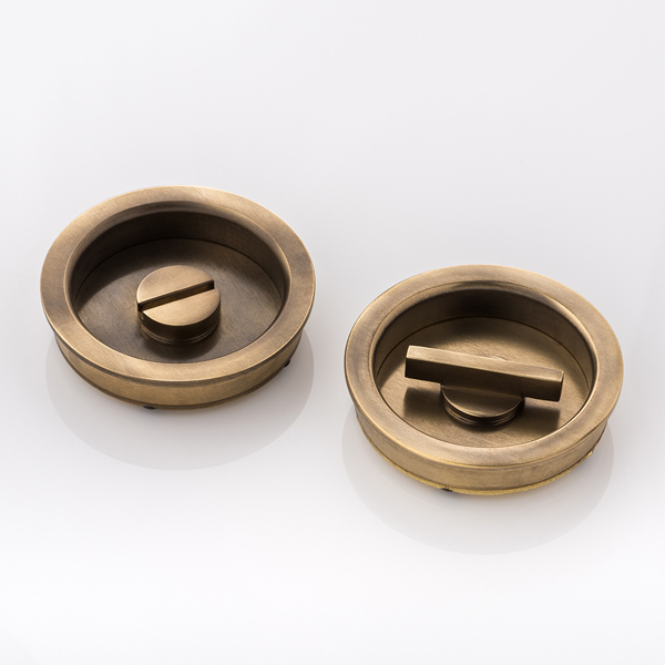 Round solid brass recessed pull with privacy turn/release