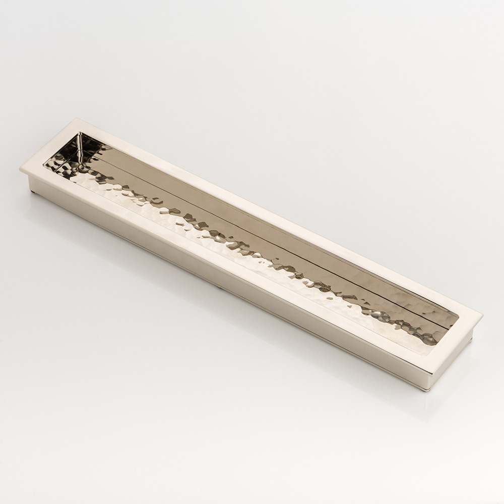 Rectangular solid brass recessed pull with hammered texture