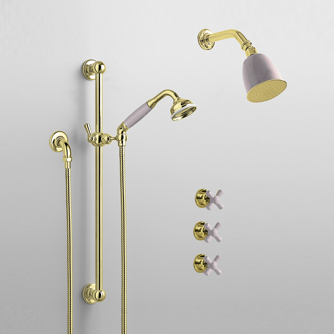 Rockwell shower layout RW1 with rail shower, wall shower & crosshead shower taps with colour options