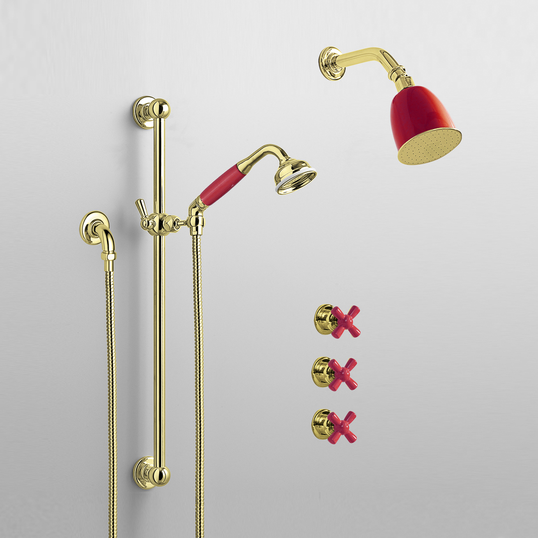 Rockwell shower layout RW1 with rail shower, wall shower & crosshead shower taps with colour options