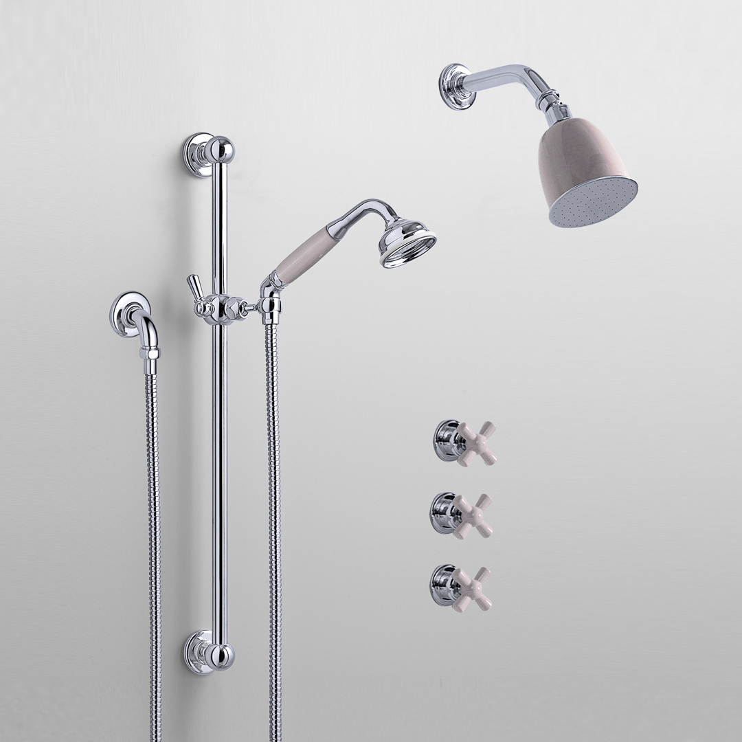 Rockwell shower layout RW1 with rail shower, wall shower & crosshead shower taps with colour options
