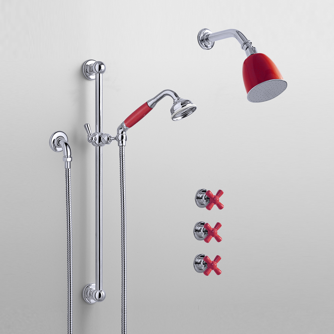 Rockwell shower layout RW1 with rail shower, wall shower & crosshead shower taps with colour options