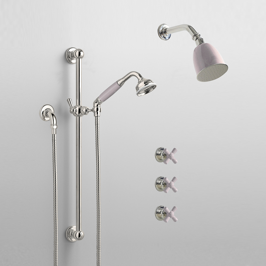 Rockwell shower layout RW1 with rail shower, wall shower & crosshead shower taps with colour options