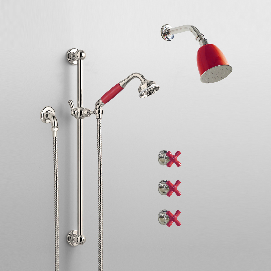 Rockwell shower layout RW1 with rail shower, wall shower & crosshead shower taps with colour options