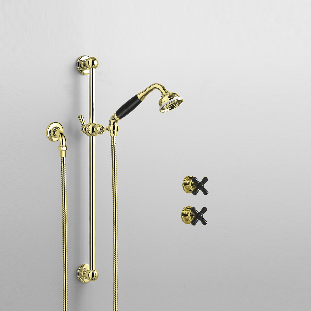 Rockwell shower layout RW3 with rail shower & crosshead shower taps with colour options